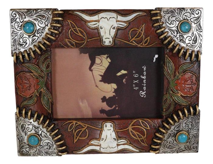 Rustic Western Longhorns Silver Conchos Turquoise Gems Picture Photo Frame 4"X6"