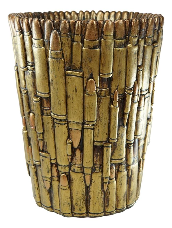 Rustic Western Military Rifle Ammo Shells Gold Tone Bullets Waste Basket Bin