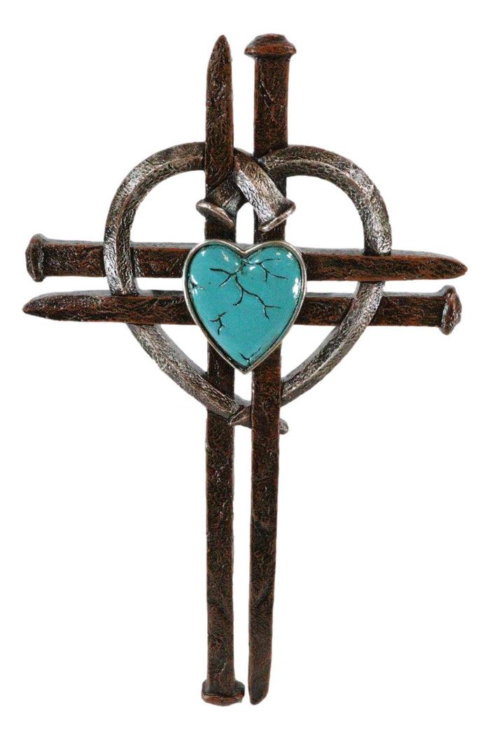 Rustic Western Nail Spikes With Bent Nail Heart And Turquoise Rock Wall Cross