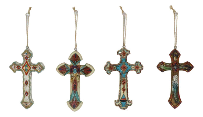 Rustic Western Native Indian Christian Crosses Set Of 4 Christmas Tree Ornaments