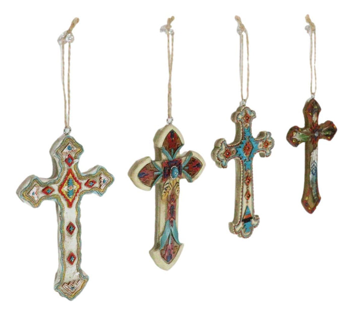 Rustic Western Native Indian Christian Crosses Set Of 4 Christmas Tree Ornaments