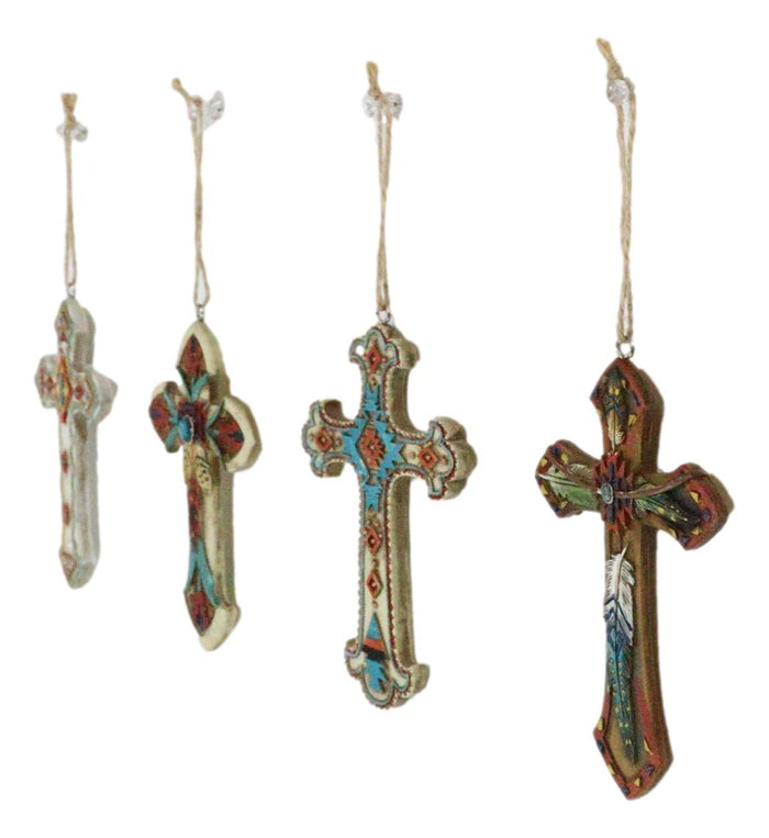Rustic Western Native Indian Christian Crosses Set Of 4 Christmas Tree Ornaments
