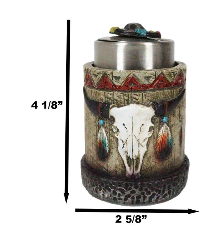 Rustic Western Native Indian Cow Skull Feathers Spring Barrel Toothpick Holder