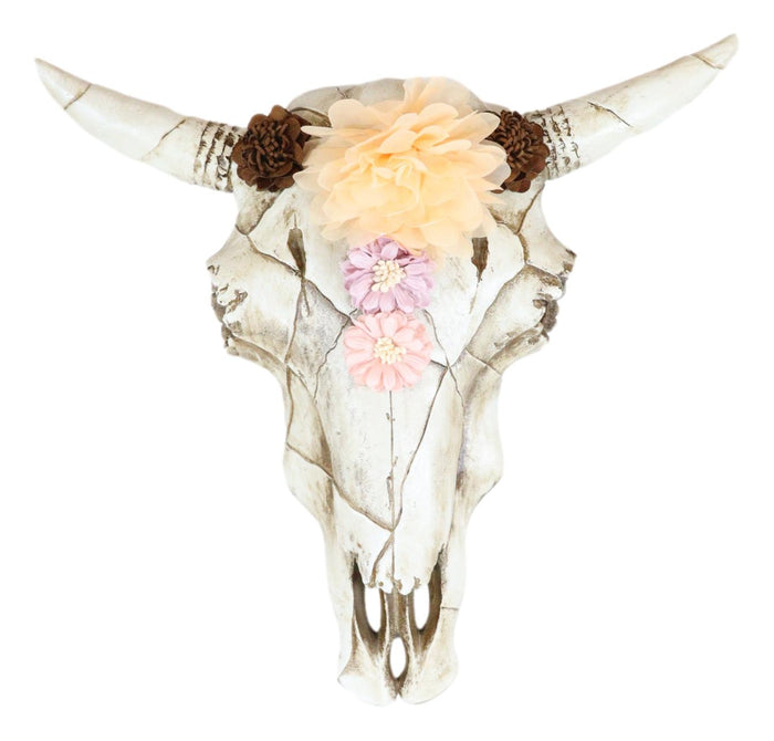 Rustic Western Off White Cow Skull With Fabric Pastel Colors Flowers Wall Decor