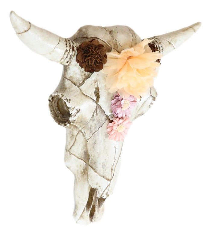 Rustic Western Off White Cow Skull With Fabric Pastel Colors Flowers Wall Decor