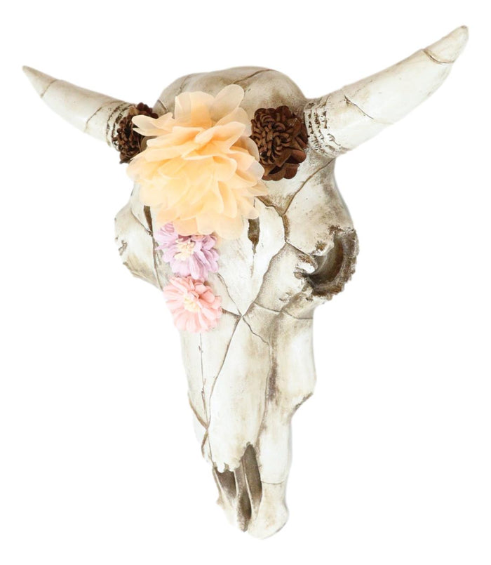 Rustic Western Off White Cow Skull With Fabric Pastel Colors Flowers Wall Decor
