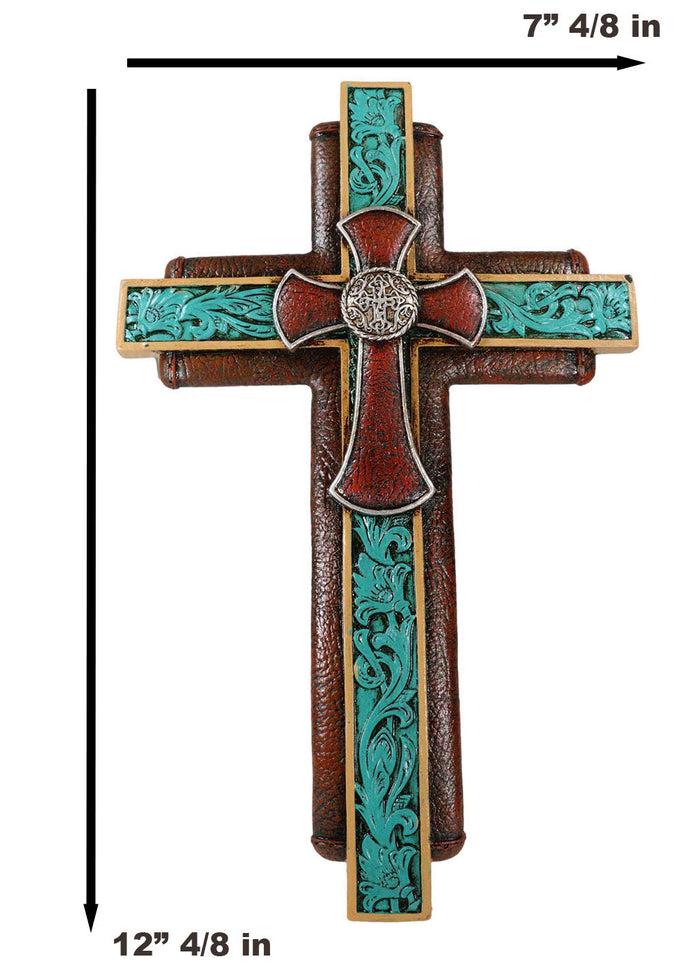 Rustic Western Ornate Concho Turquoise Scroll Layered Faux Leather Wall Cross