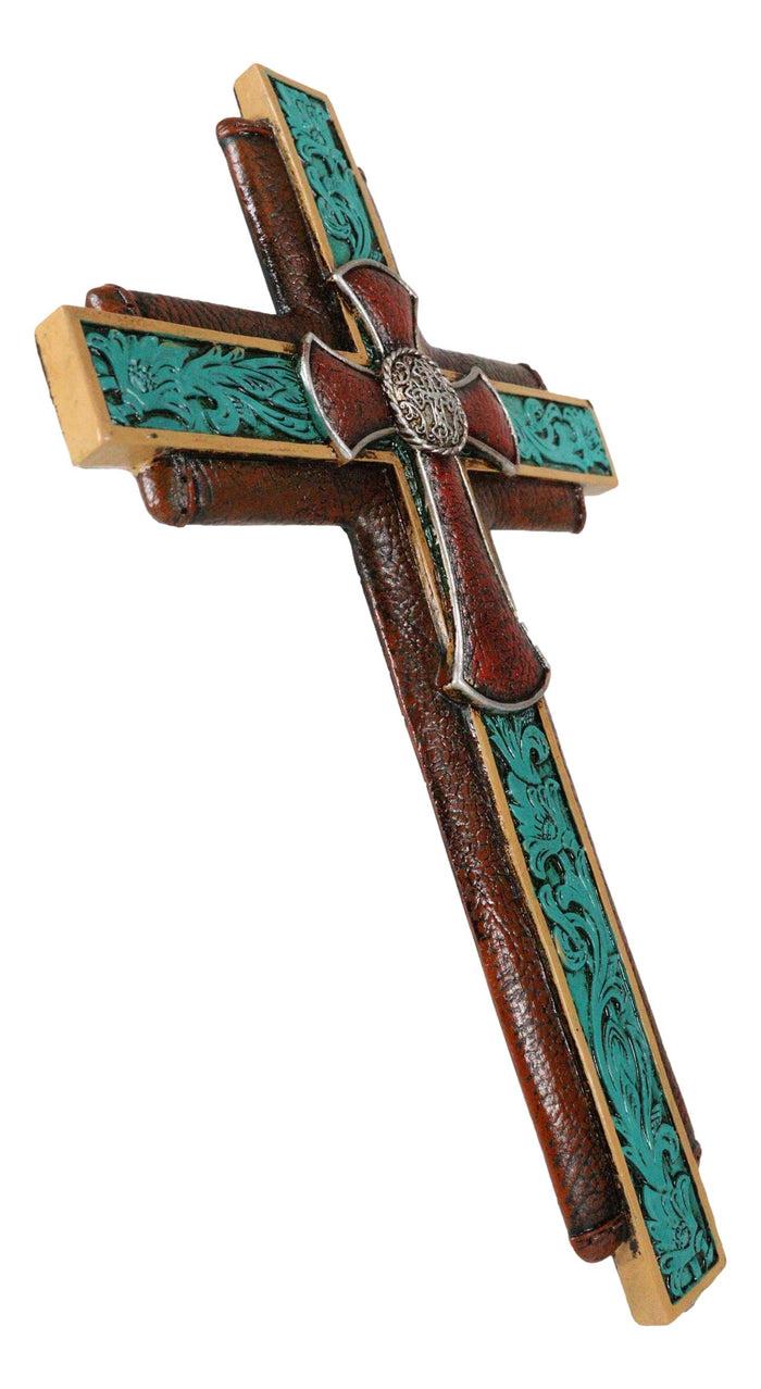 Rustic Western Ornate Concho Turquoise Scroll Layered Faux Leather Wall Cross