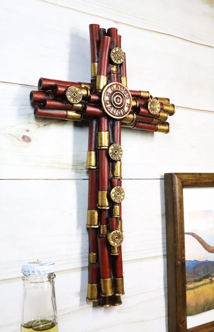 Rustic Western Piled Red And Gold 12 Gauge Shotgun Bullet Casings Wall Cross