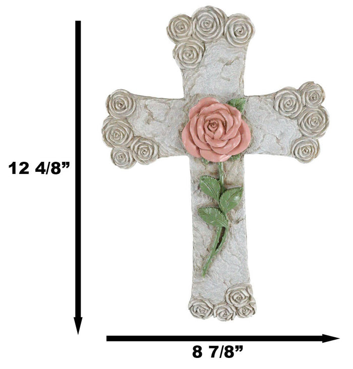 Rustic Western Pink Stalk Of Rose With Tooled Flowers Faux Stone Wall Cross