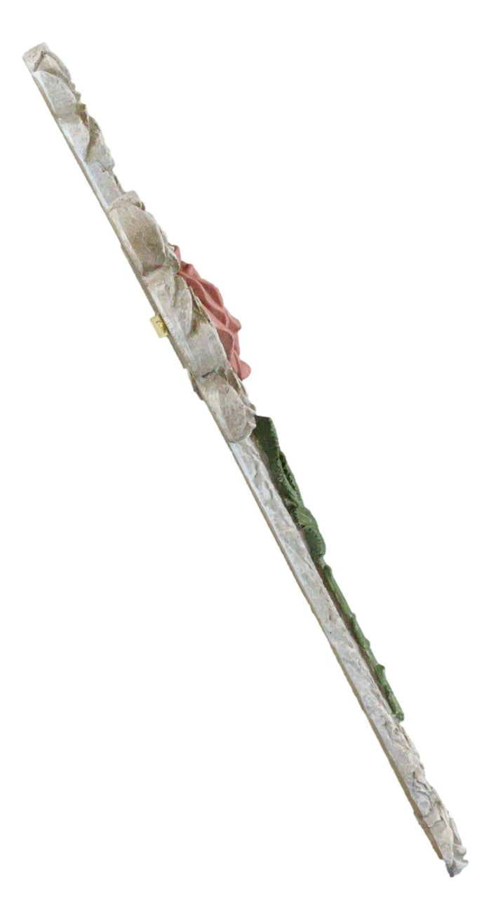 Rustic Western Pink Stalk Of Rose With Tooled Flowers Faux Stone Wall Cross