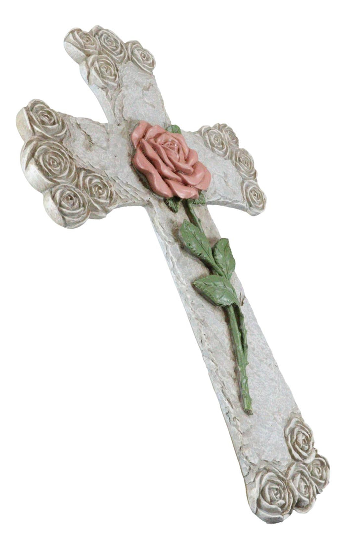Rustic Western Pink Stalk Of Rose With Tooled Flowers Faux Stone Wall Cross