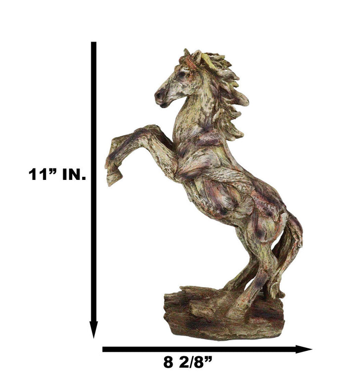 Rustic Western Rearing Prancing Horse In Faux Wooden Carving Resin Figurine