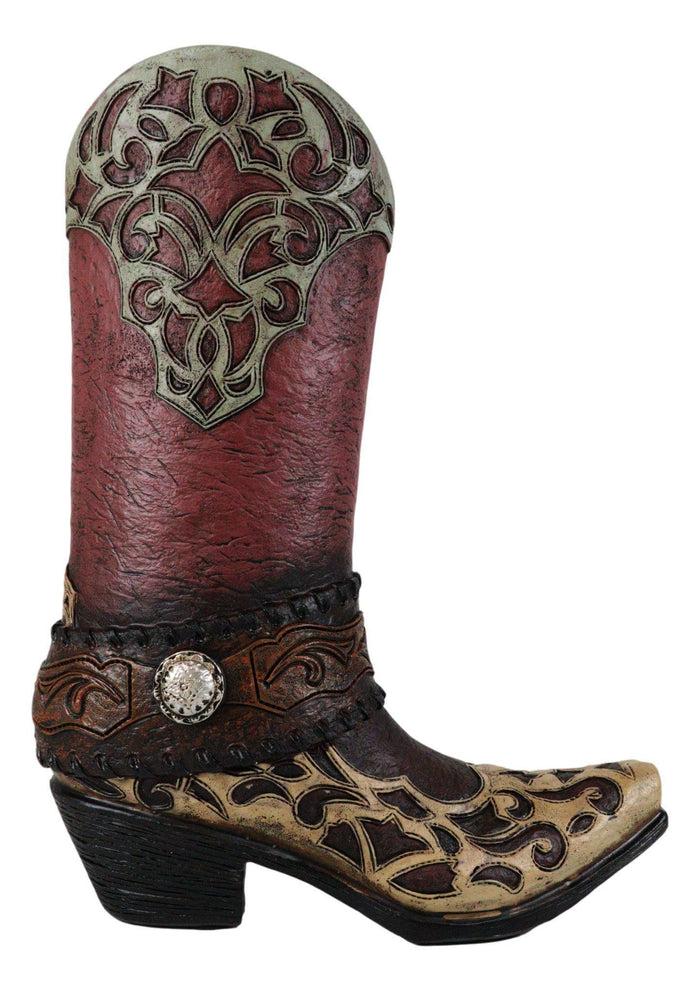 Rustic Western Red Brown Tooled Leather Scroll Lace Patterns Boot Floral Vase