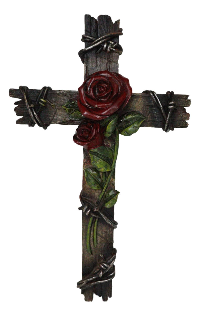 Rustic Western Red Roses Stalk With Barbed Wires Faux Wooden Wall Cross Decor