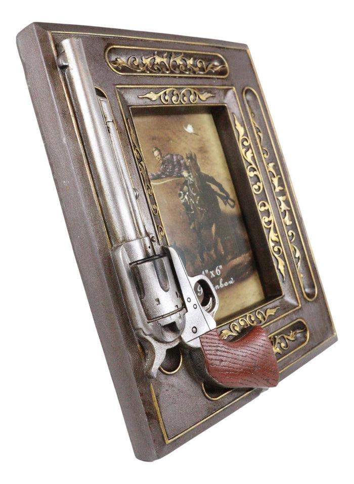 Rustic Western Revolver Gun Pistol Faux Wood 4"X6" Desktop Or Wall Picture Frame