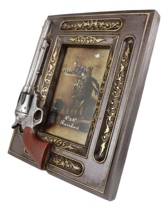 Rustic Western Revolver Gun Pistol Faux Wood 4"X6" Desktop Or Wall Picture Frame