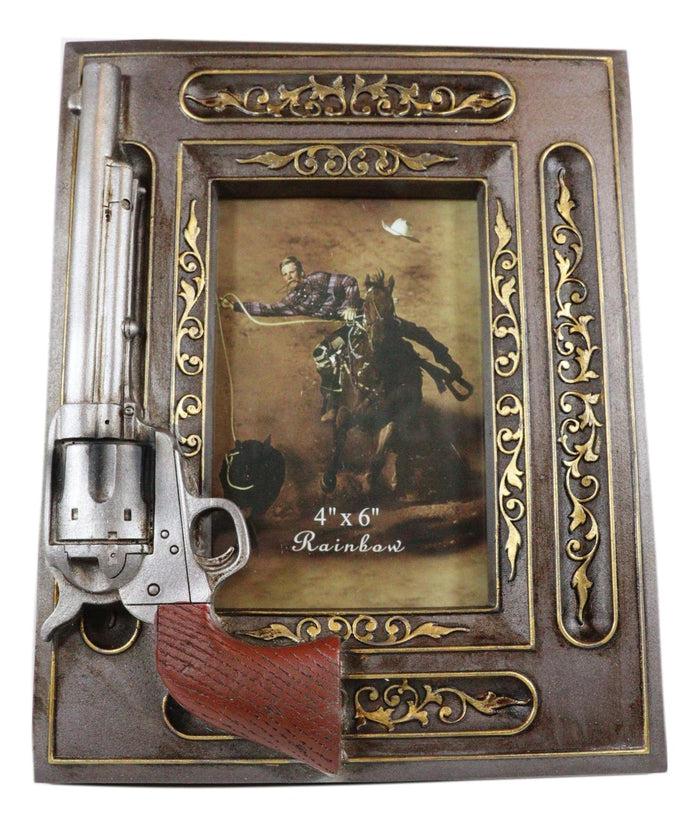 Rustic Western Revolver Gun Pistol Faux Wood 4"X6" Desktop Or Wall Picture Frame