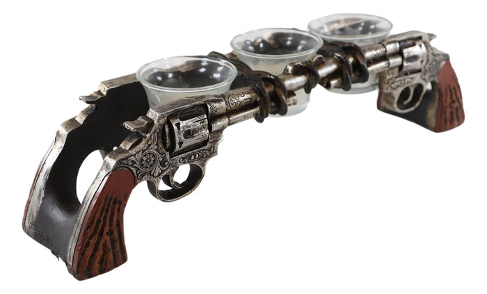 Rustic Western Revolver Pistol Guns Votive Candle Holder With 3 Glass Inserts