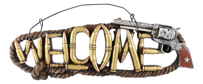 Rustic Western Revolver Pistol Ropes And Ammo Shells Welcome Wall Sign Decor