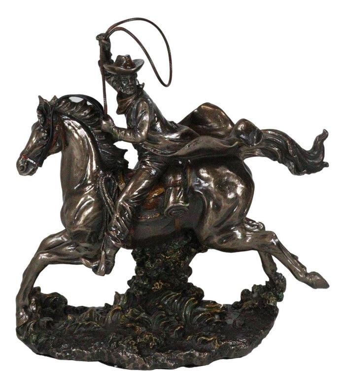 Rustic Western Rodeo Cowboy With Lasso Rope On Running Mustang Horse Figurine