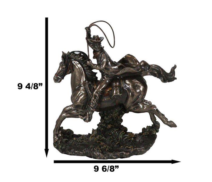 Rustic Western Rodeo Cowboy With Lasso Rope On Running Mustang Horse Figurine