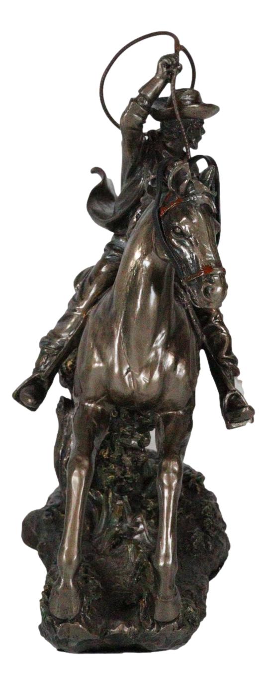 Rustic Western Rodeo Cowboy With Lasso Rope On Running Mustang Horse Figurine