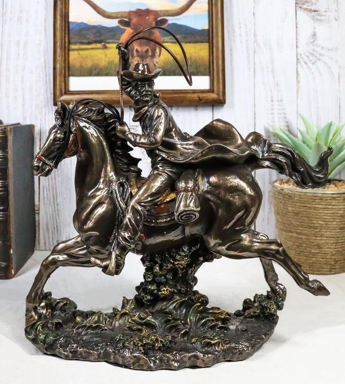 Rustic Western Rodeo Cowboy With Lasso Rope On Running Mustang Horse Figurine