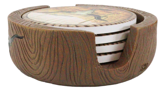 Rustic Western Rodeo Roundup Longhorn Cow Skull Ropes Faux Wooden Coaster Set
