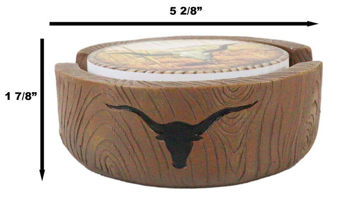Rustic Western Rodeo Roundup Longhorn Cow Skull Ropes Faux Wooden Coaster Set