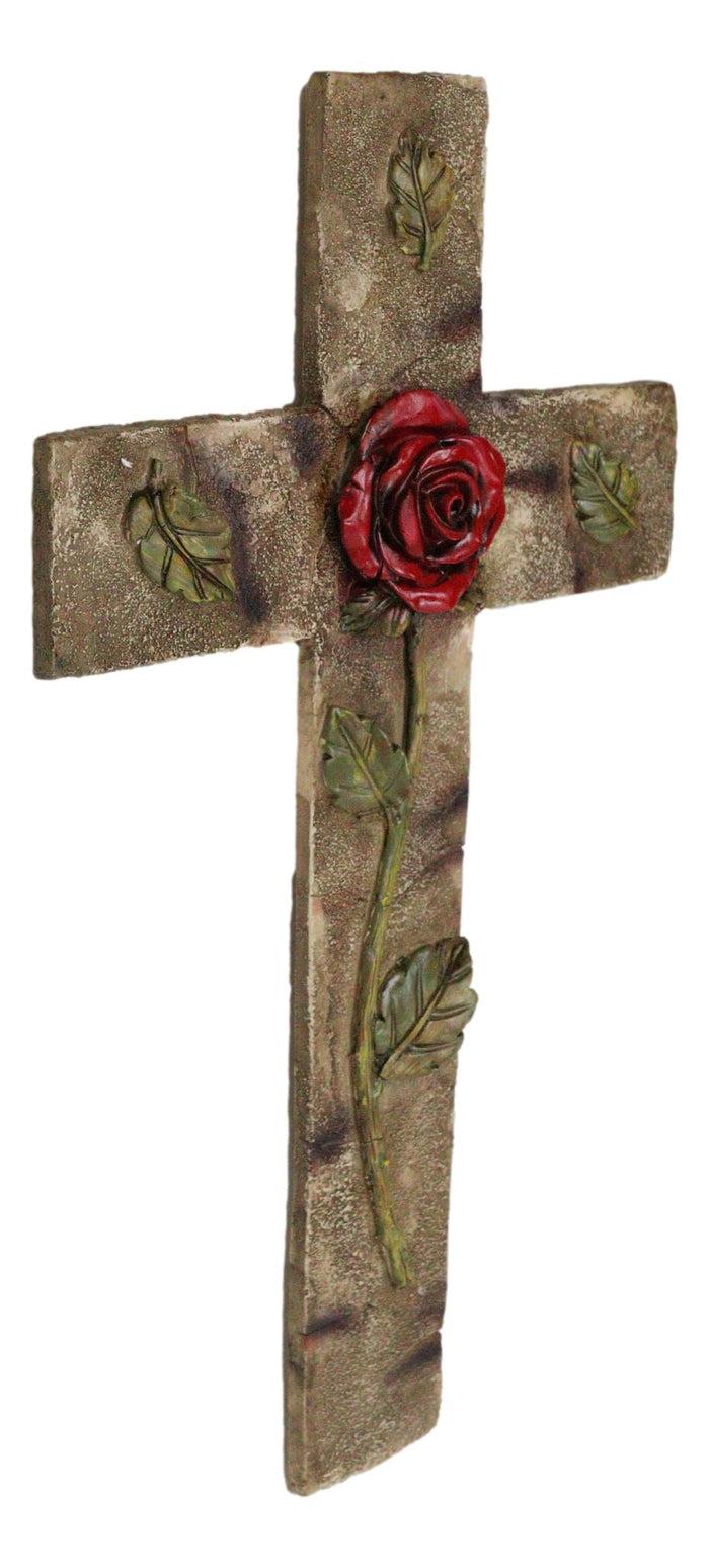 Rustic Western Rose Of Sharon Red Rose Stalk With Green Petals Wall Cross Decor