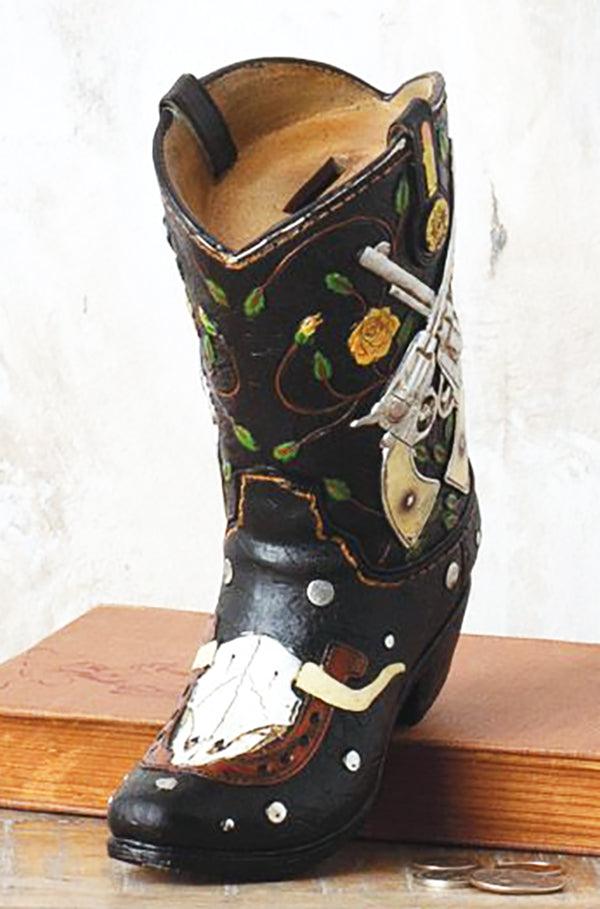 Rustic Western Roses 2 Pistols Horseshoe Cow Skull Cowboy Boot Piggy Money Bank