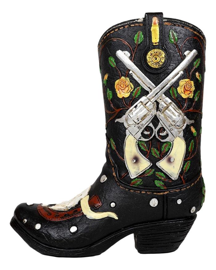 Rustic Western Roses 2 Pistols Horseshoe Cow Skull Cowboy Boot Piggy Money Bank