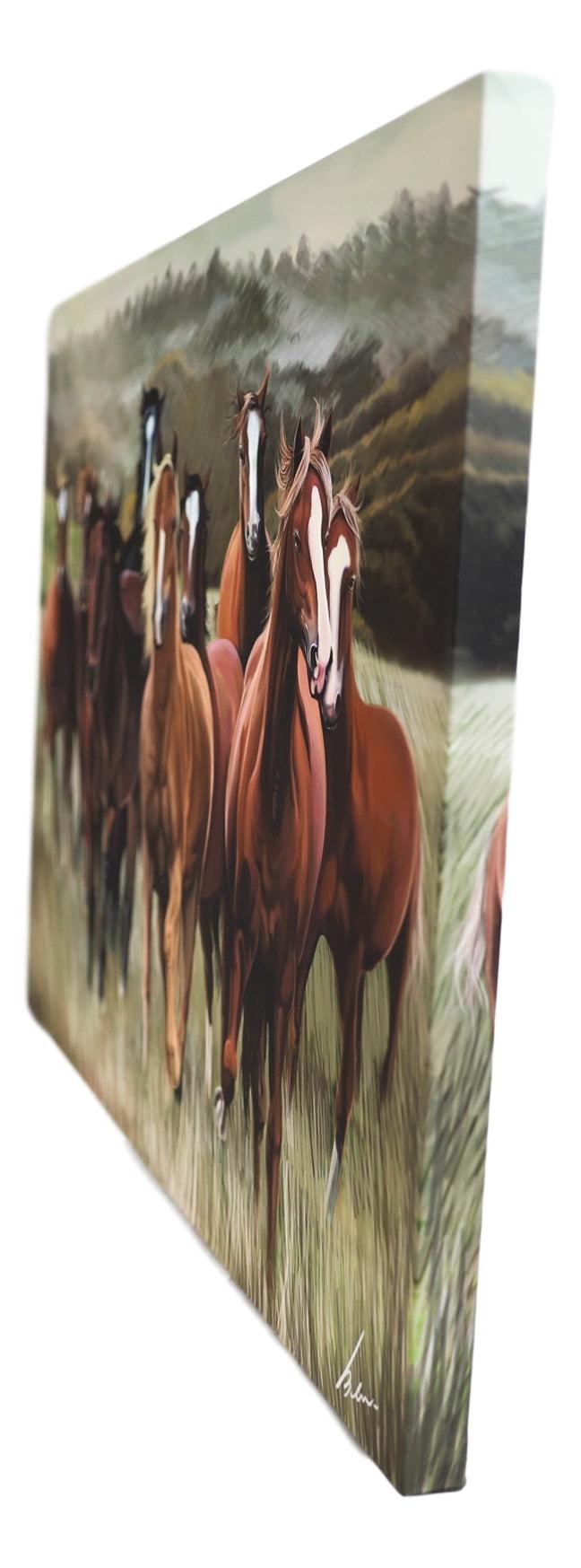 Rustic Western Running Horses Herd Wood Framed Canvas Print 31" X 21" Wall Art