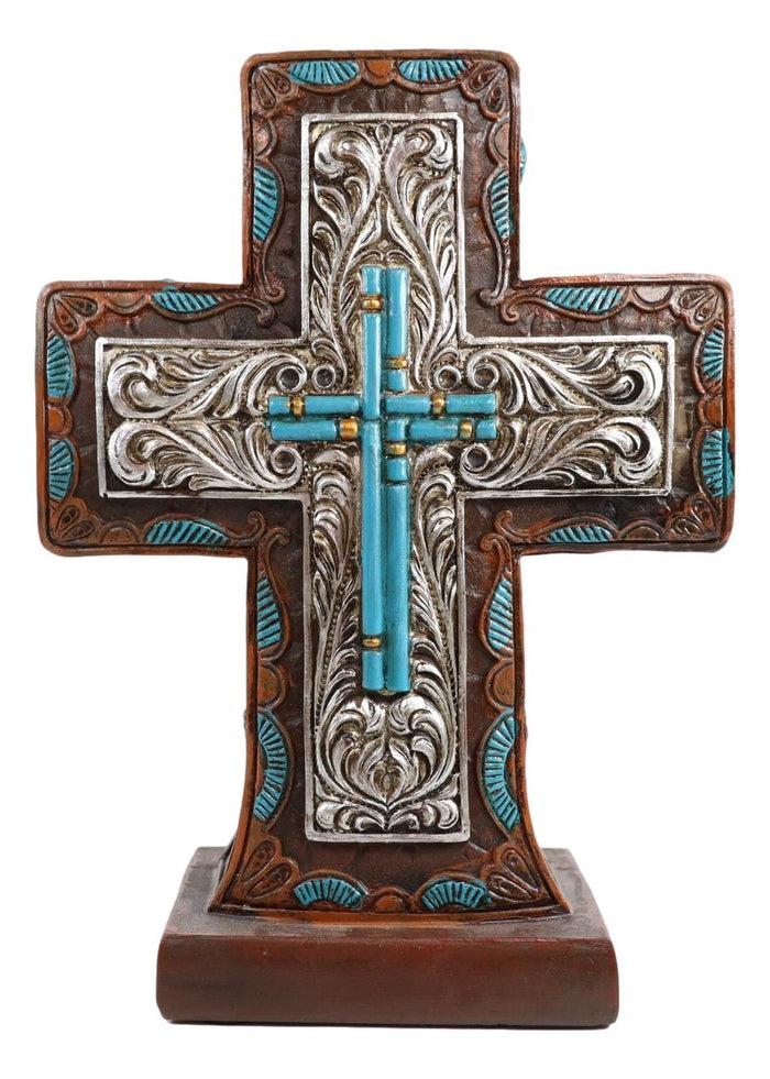 Rustic Western Silver Floral Scrollwork And Blue Turquoise Standing Cross Plaque