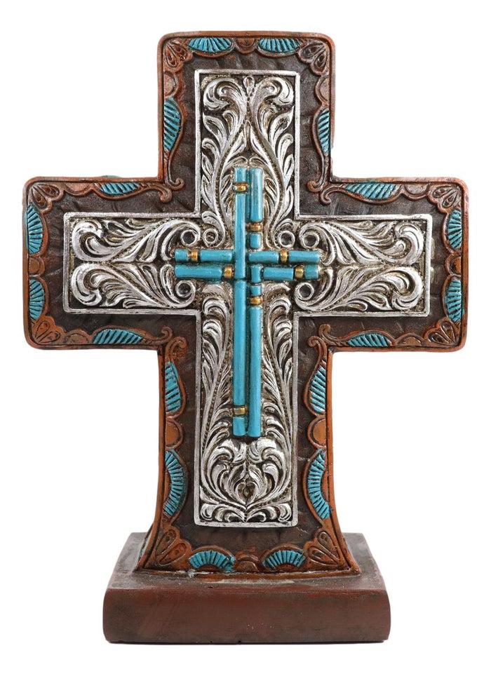 Rustic Western Silver Floral Scrollwork And Blue Turquoise Standing Cross Plaque
