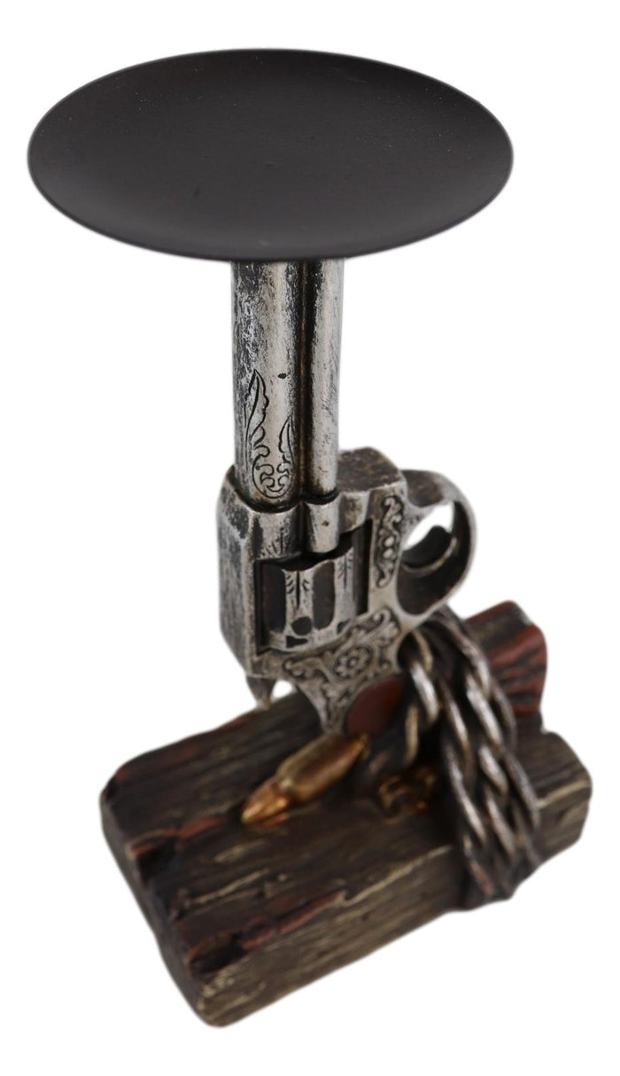 Rustic Western Six Shooter Revolver Gun With Scroll Art Pillar Candle Holder