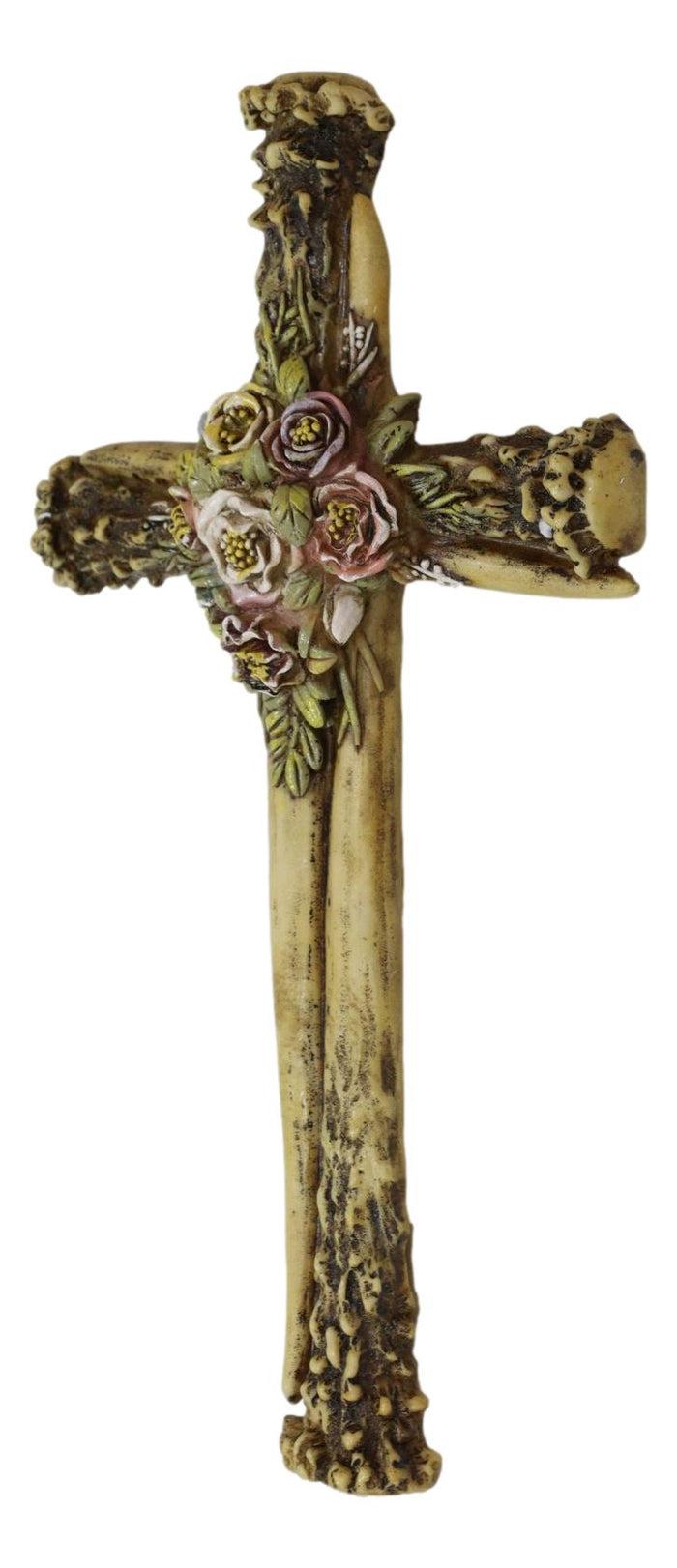 Rustic Western Stag Deer Bone Antlers With Burr Floral Blooms Wall Cross Decor