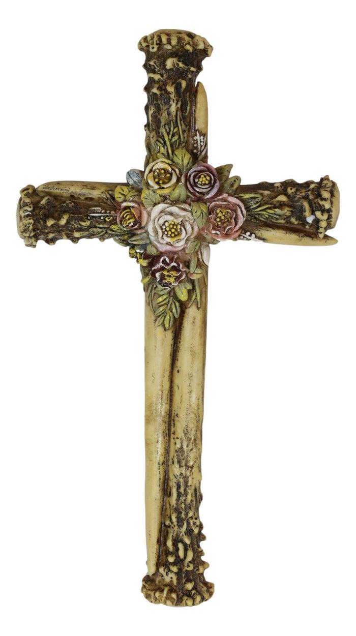 Rustic Western Stag Deer Bone Antlers With Burr Floral Blooms Wall Cross Decor
