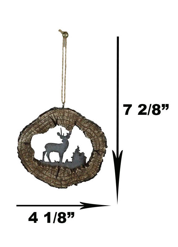 Rustic Western Stag Deer Faux Wood Log Slice Set Of 4 Christmas Tree Ornaments