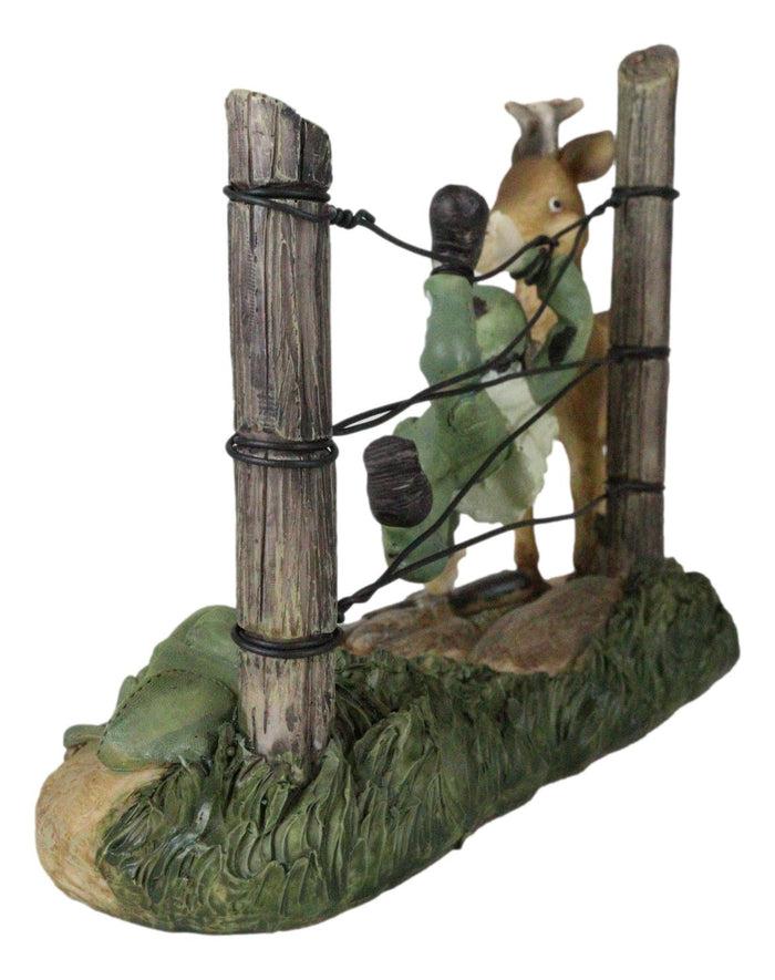 Rustic Western Stag Deer Standing By Hunter Trapped In Barbed Wires Figurine