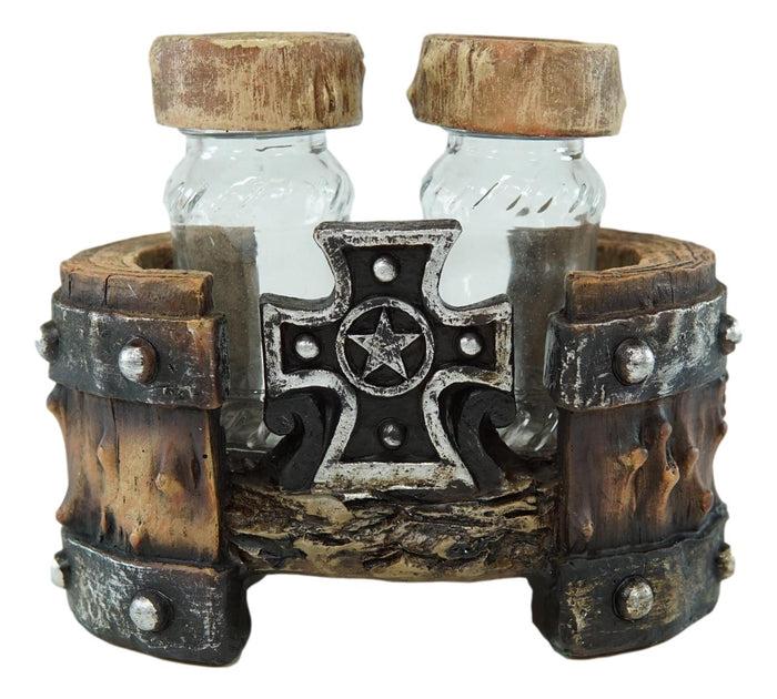Rustic Western Star Cross With Faux Wood Barrel Base With Salt & Pepper Shakers