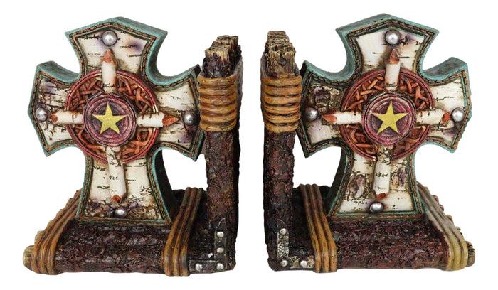 Rustic Western Star Turquoise Birchwood Birch Tree Cross Decorative Bookends Set