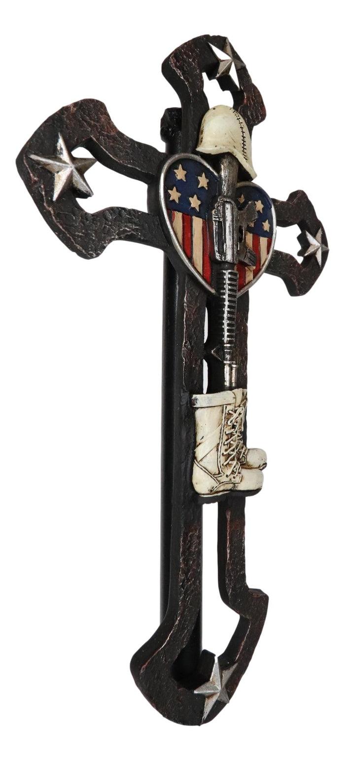 Rustic Western Stars USA Flag Heart Fallen Soldier Boot Rifle Helmet Wall Cross