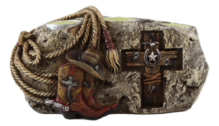Rustic Western Stony Cowboy Hat Boot Rope Horseshoe Cross Votive Candles Holder