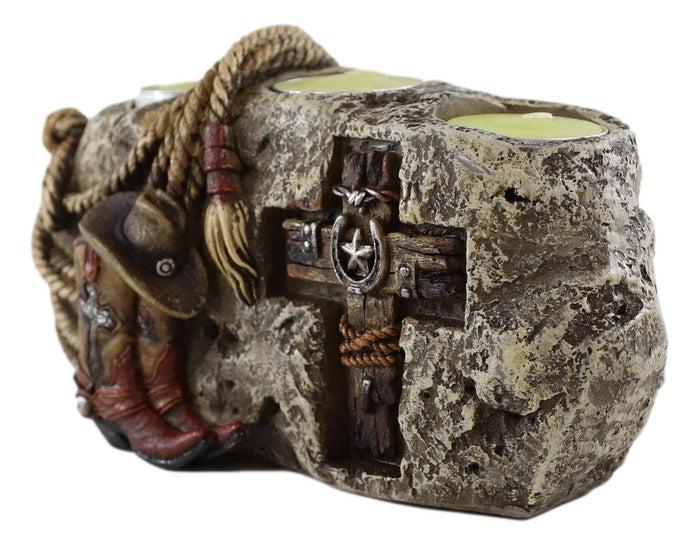 Rustic Western Stony Cowboy Hat Boot Rope Horseshoe Cross Votive Candles Holder