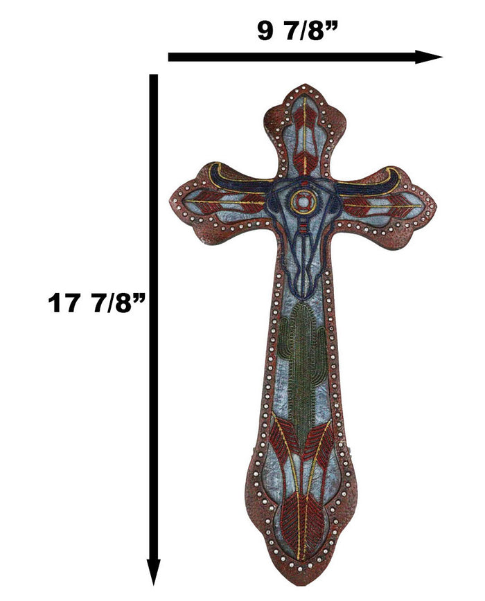 Rustic Western Texas Longhorn Cow Desert Cactus Faux Leather Wall Cross Decor