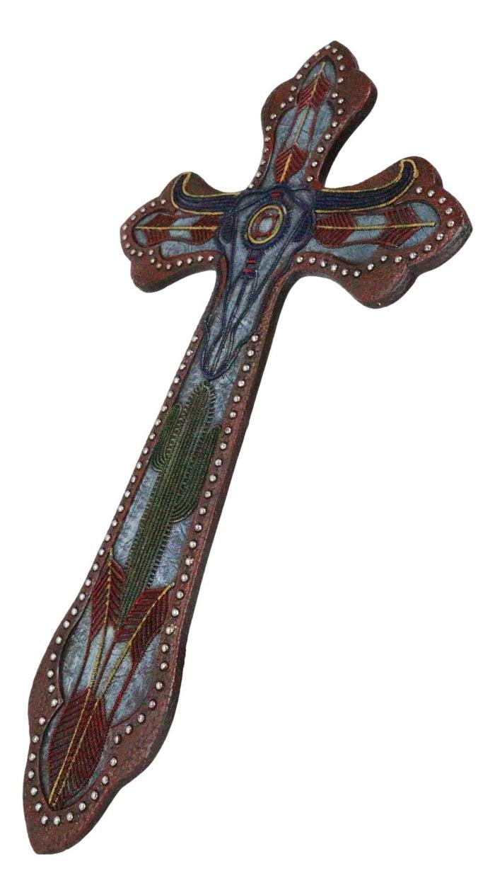 Rustic Western Texas Longhorn Cow Desert Cactus Faux Leather Wall Cross Decor