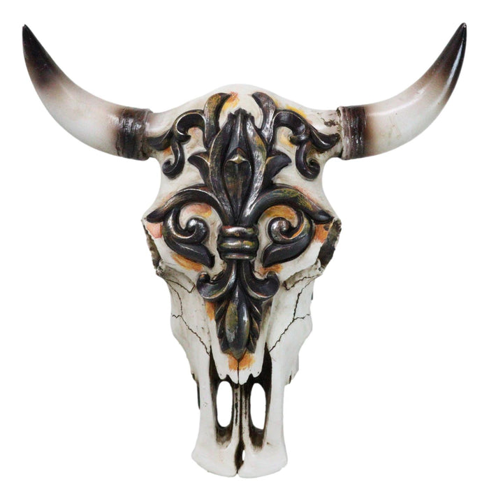 Rustic Western Tooled Fleur De Lis French Lily Emblem Cow Skull Wall Decor Rustic Western Tooled Fleur De Lis French Lily Emblem Cow Skull Wall Decor