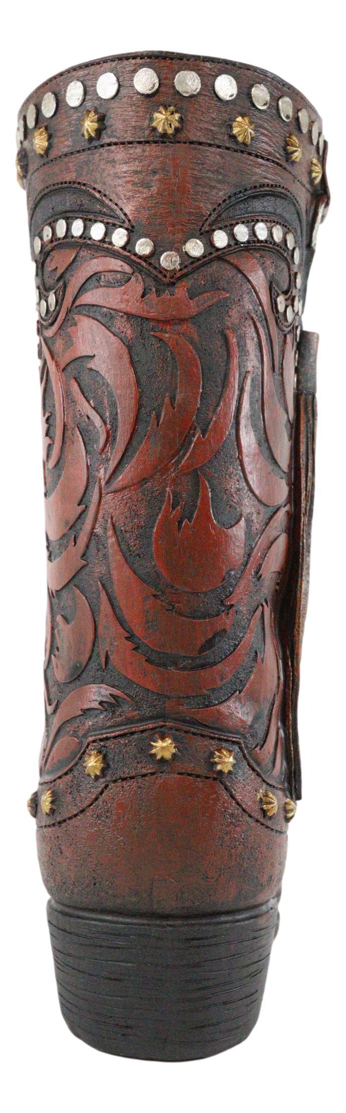 Rustic Western Tooled Leather Lace Studded Boot Floral Vase With Tassel Frill